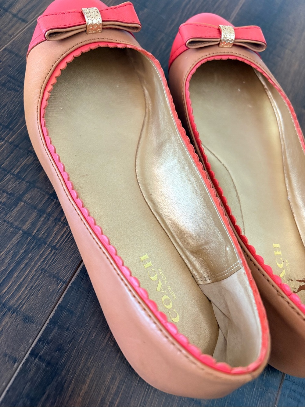 Coach Colorblock Leather Ballet Flats Coral Pink & Tan Bow Shoes Size 36 - Picture 10 of 15